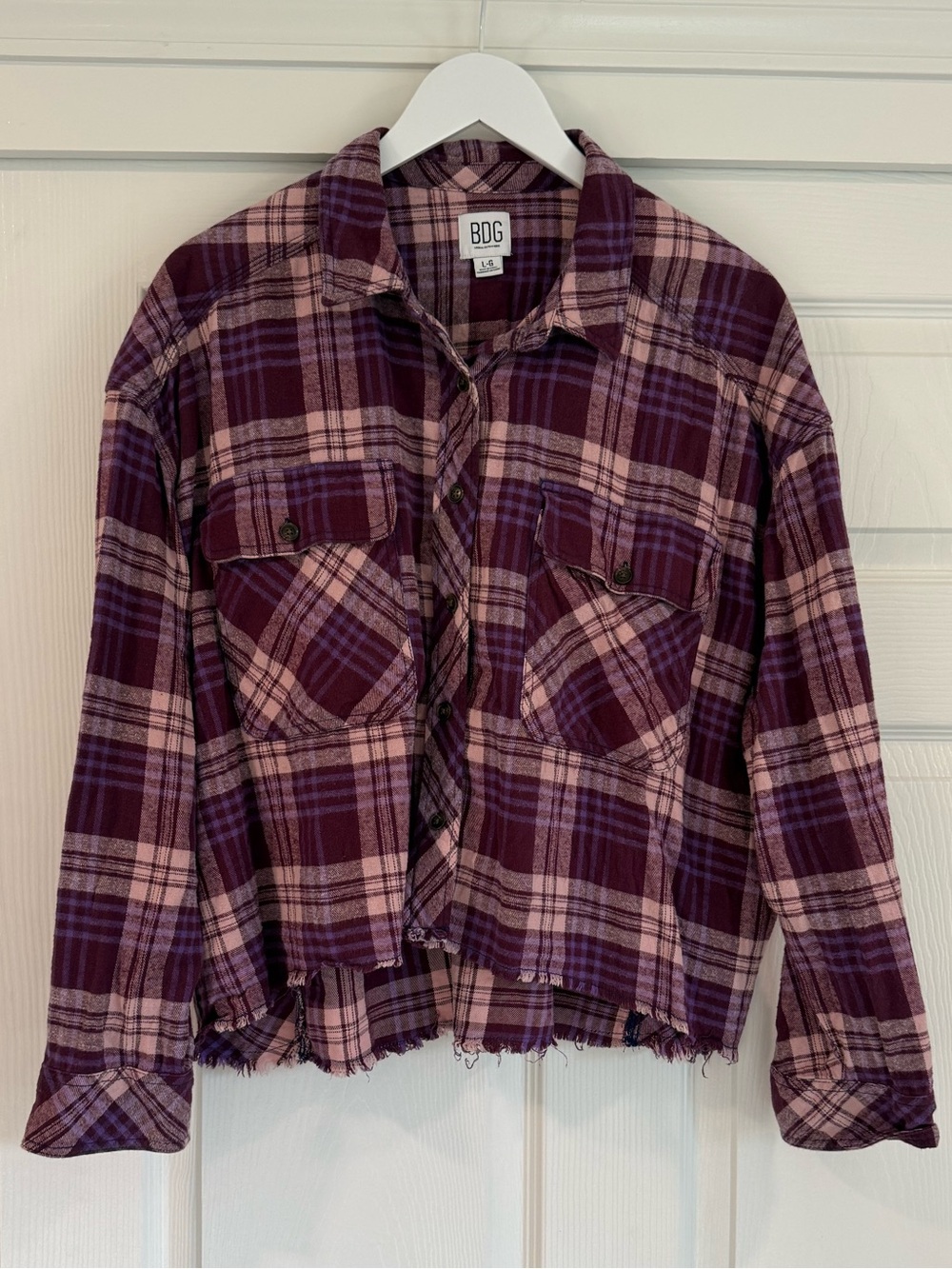 BDG by Urban Outfitters Purple Plaid Cropped Raw Hem 100% Cotton Flannel Shacket